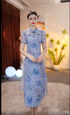 18492-Đầm voan suông giả cách tân in hoa cổ tàu cách điệu ( voan,lót)