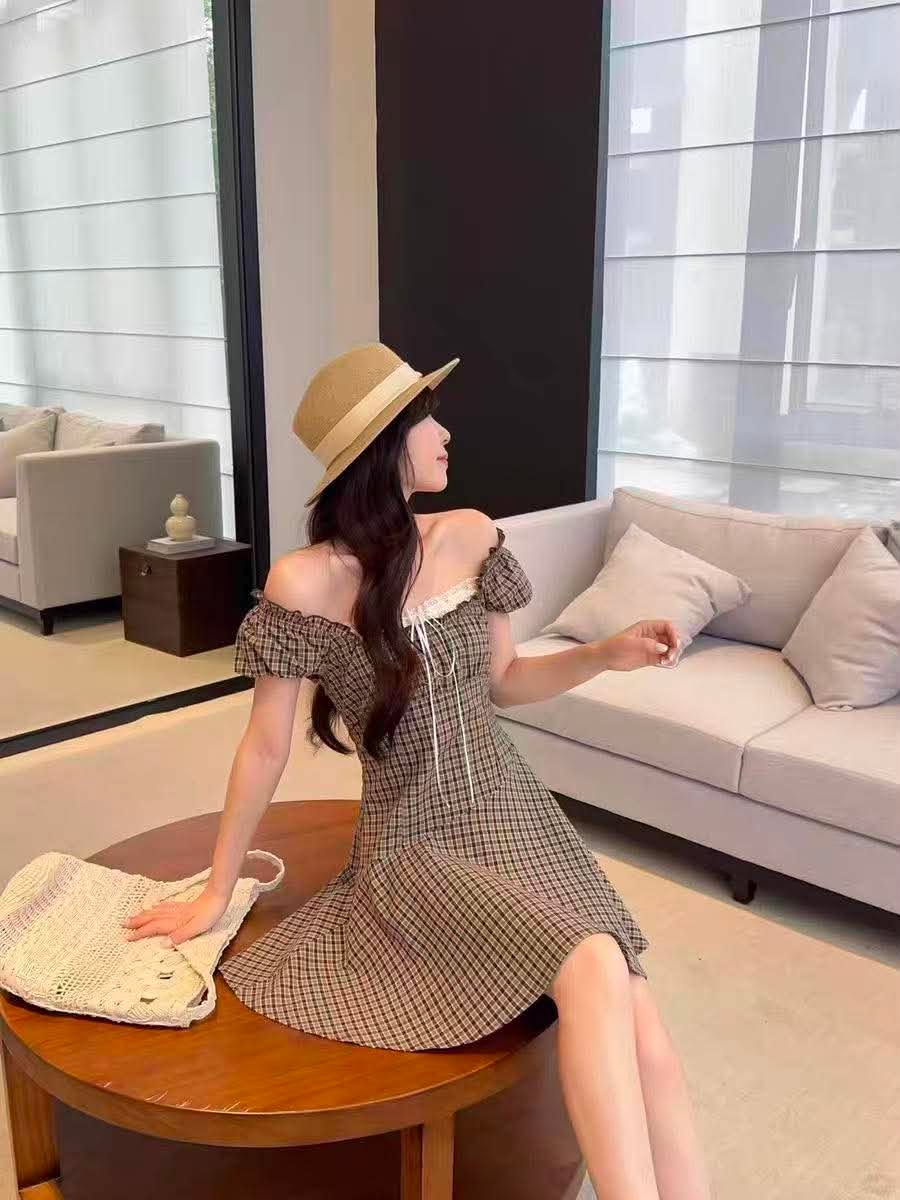 Lucas - Váy caro cổ vuông dáng ngắn xòe A viền ngực trắng buộc nơ_thumbnail_6
