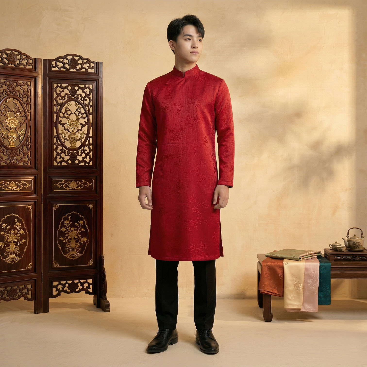Áo Dài Nam Cách Tân Mặc Tết Cưới Hỏi - Vải Tafeta Vân-NA26-11