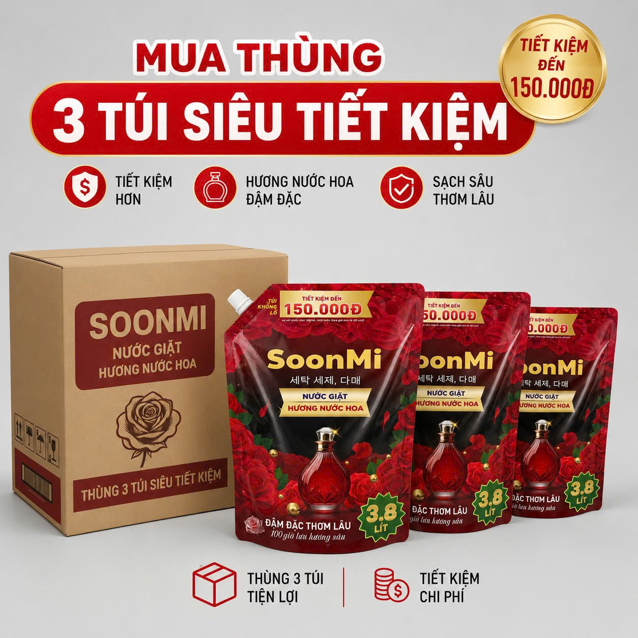 1 Thùng 3 Túi nước giặt hương nước hoa Soonmi 3.8L