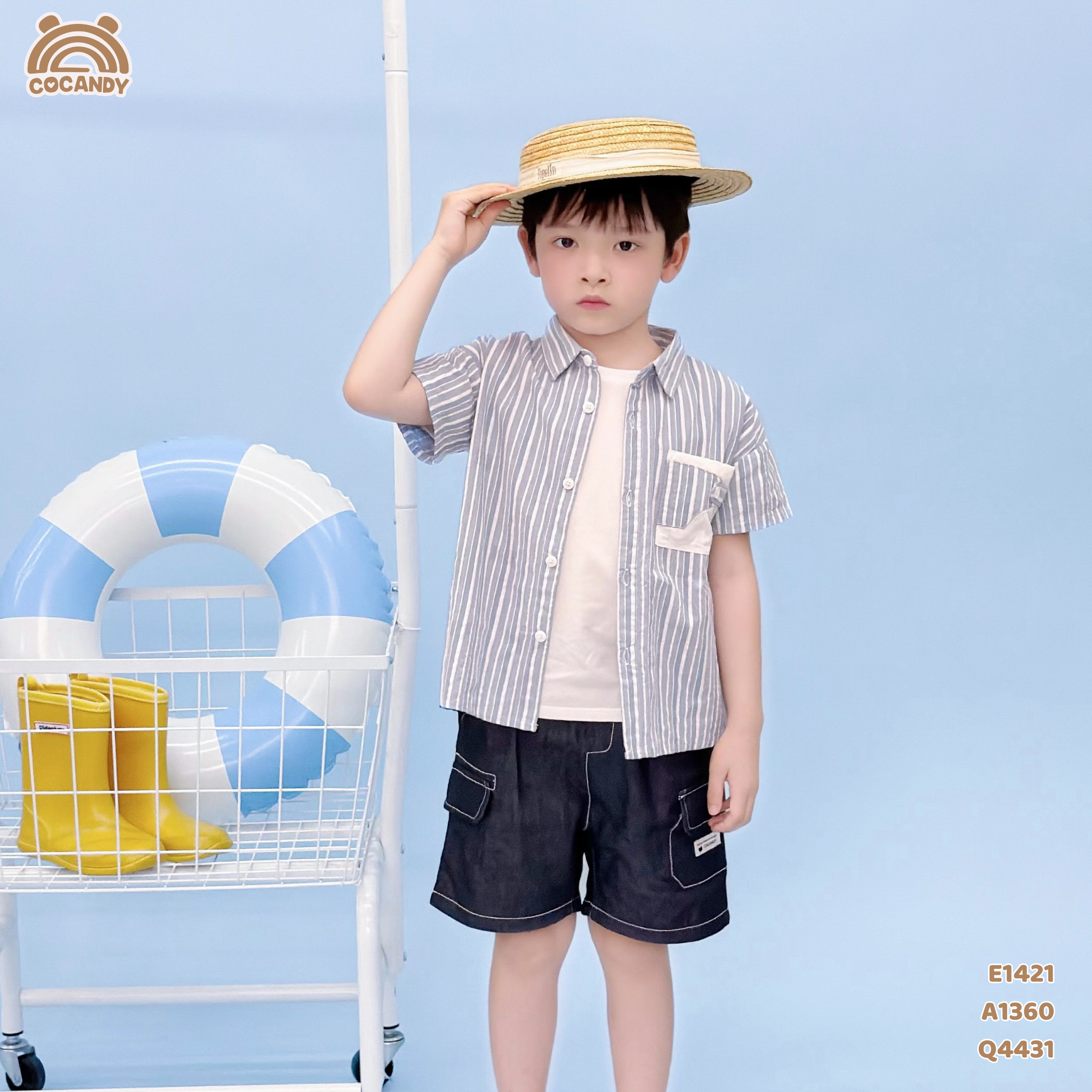 Áo cộc sơ mi kẻ XANH túi ốp phối trắng