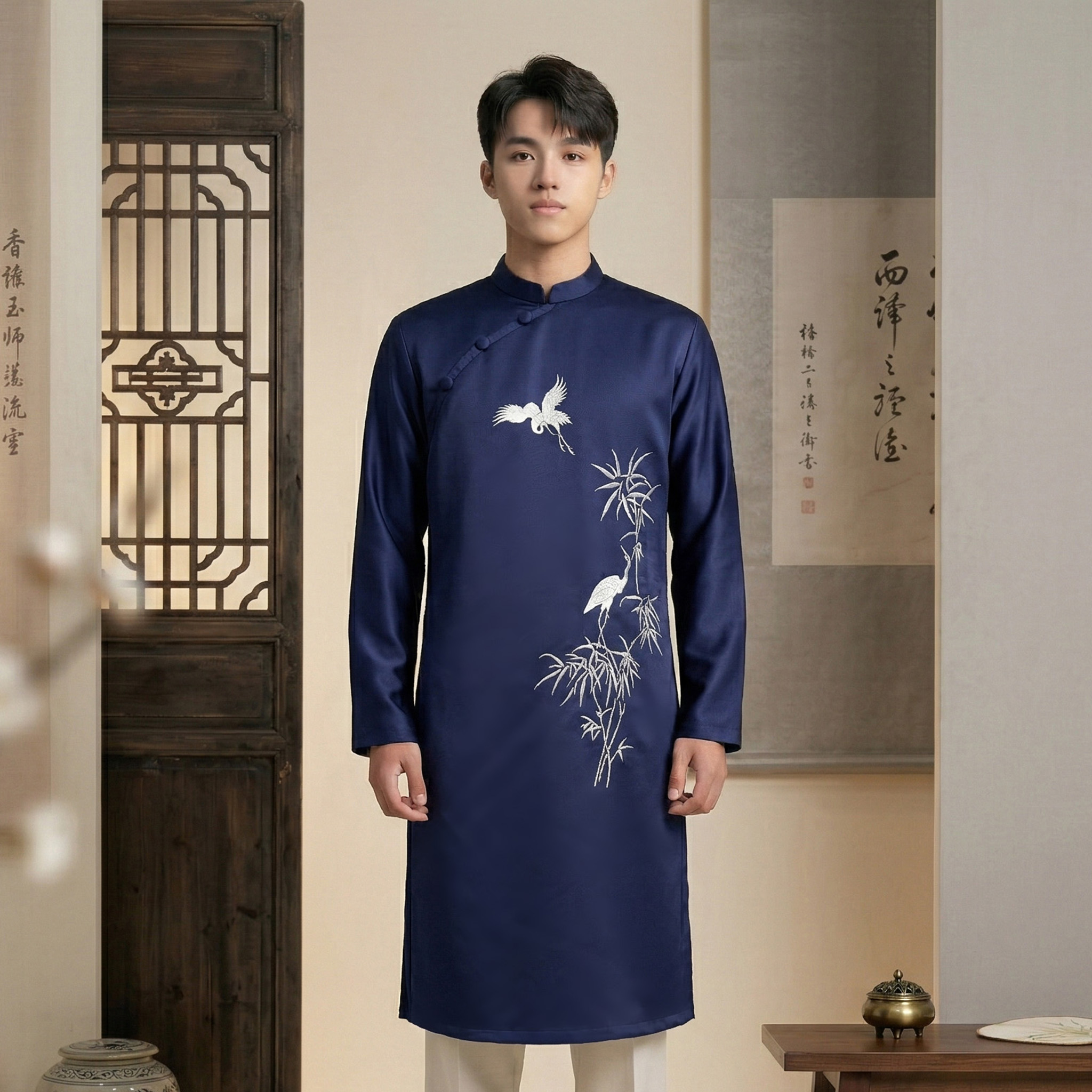 Áo Dài Nam Cách Tân Thêu Trúc Quân Tử - Vải Tafeta NA26-10_thumbnail_4