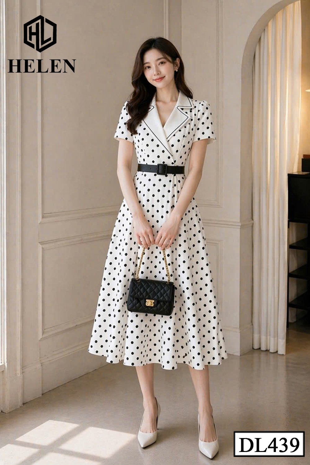 Đầm xòe TRẮNG CHẤM ĐEN phối cổ vest trắng DL439