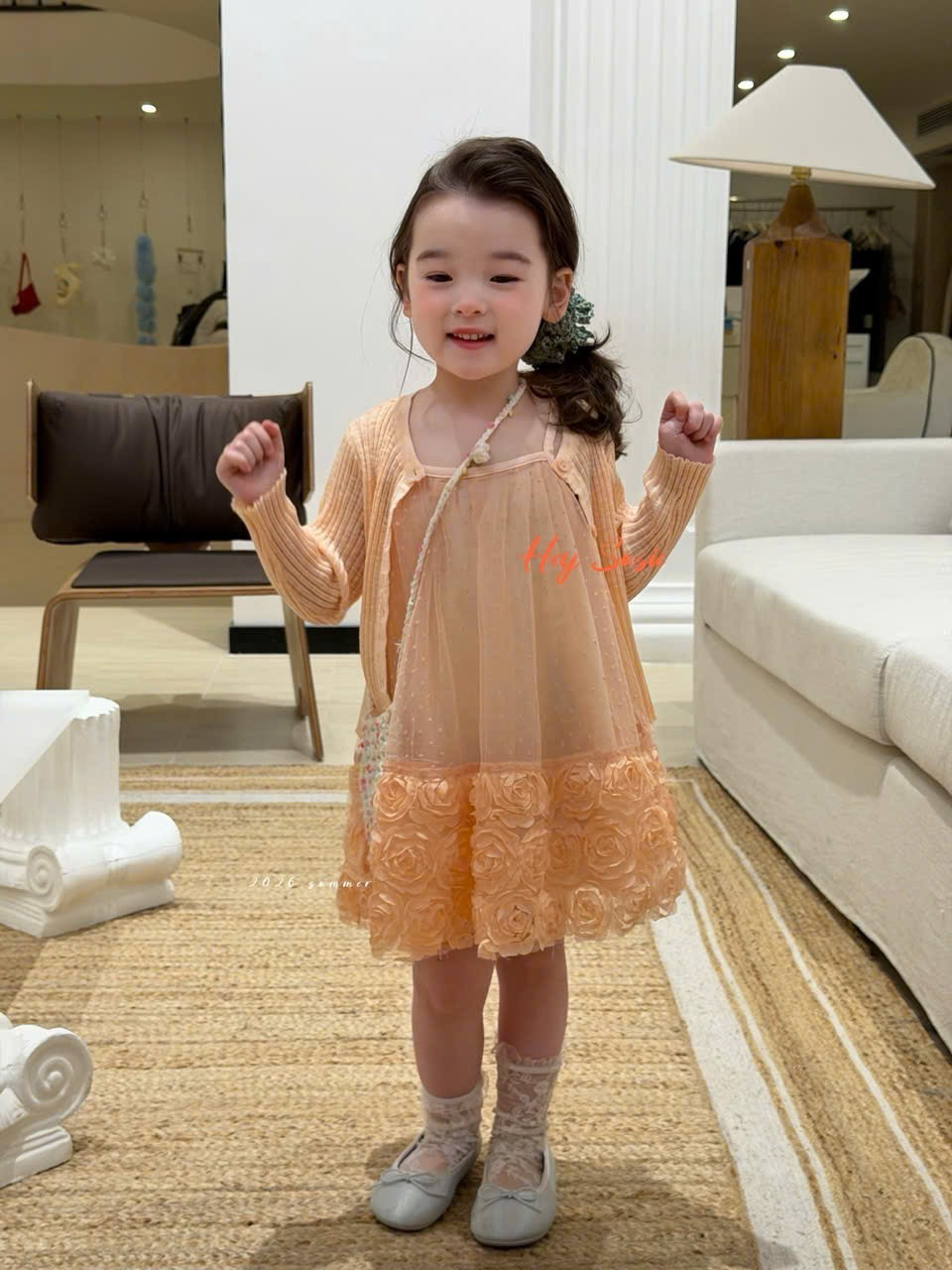 HS26 - Váy 2 dây voan cam đào viền ren hoa hãng Hety Susie