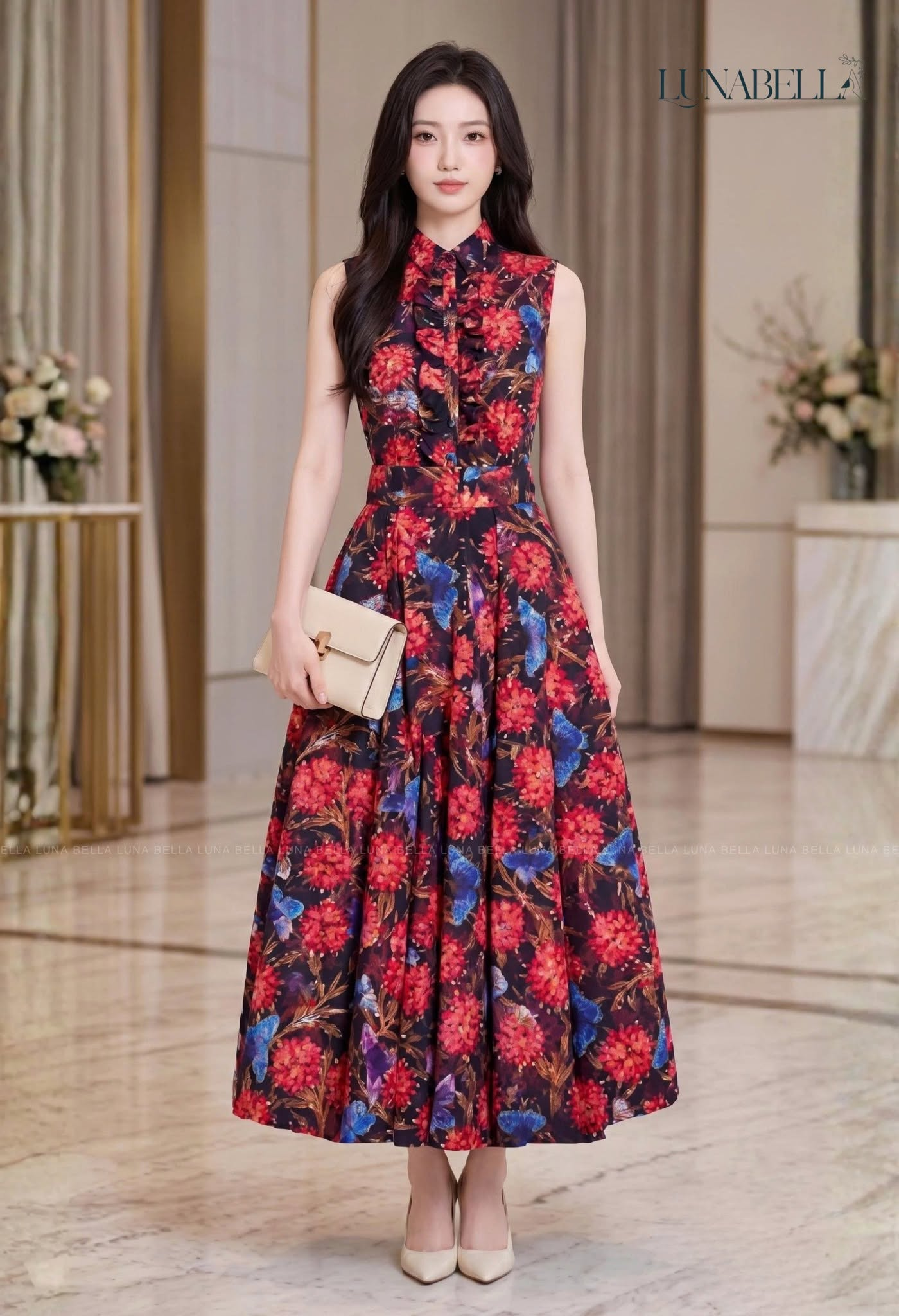 Váy xoè dài dáng sơ mi LUREEN in hoa màu ĐỎ