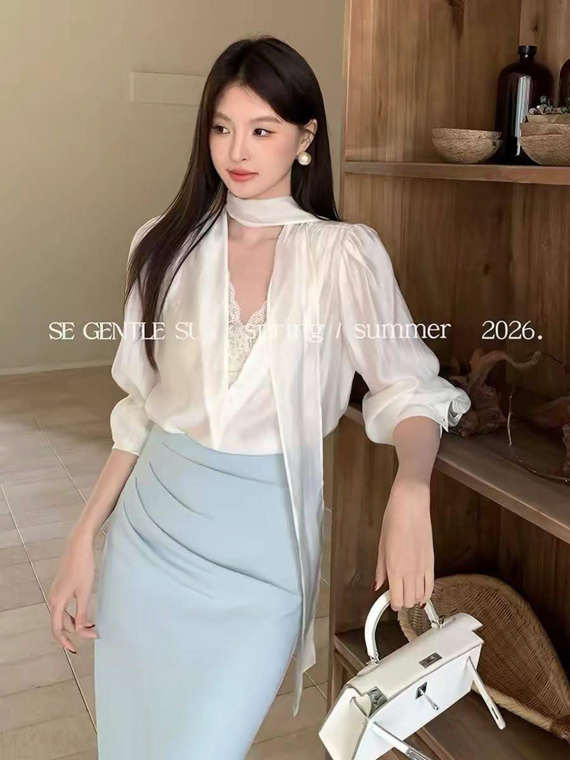 Áo sơ mi voan cổ tim khoét sâu phối ren ngực SE GENTLE SUN + dây vải_thumbnail_2