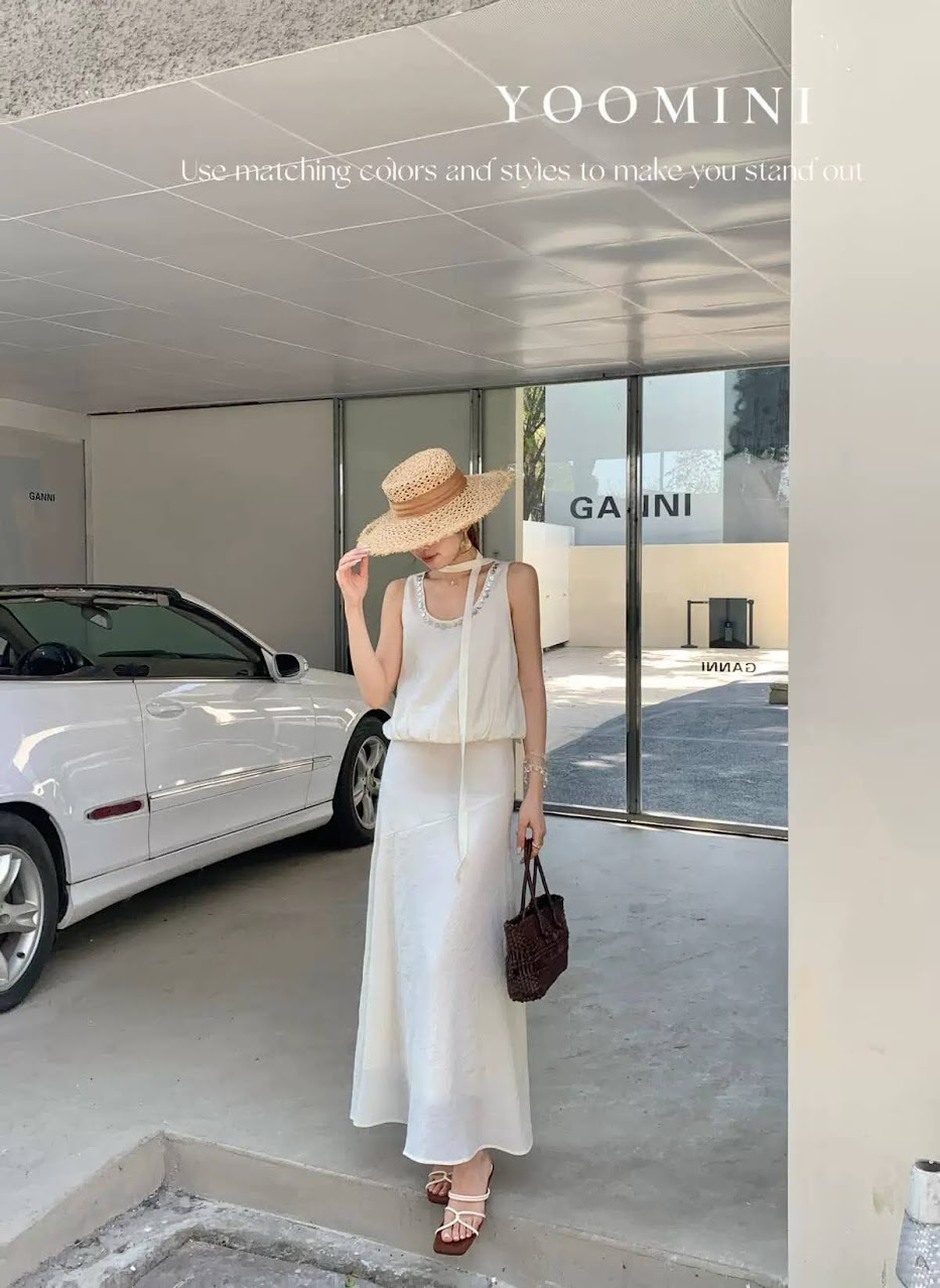 Lucas - Set áo zile viền charm quanh cổ + dây + chân váy dáng xòe maxi