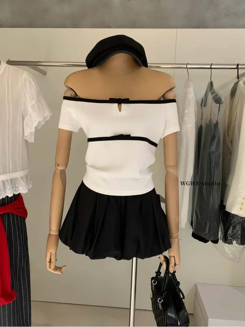 Áo mongtoghi cộc tay trễ vai viền đen khoét giọt lệ đính nơ