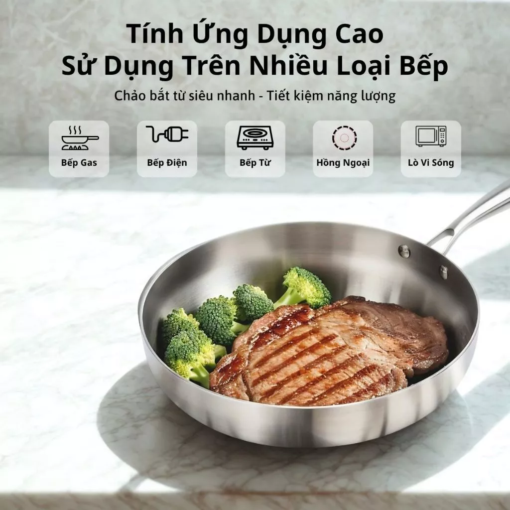 Chảo Inox 304 Nguyên Khối 3 Lớp YUNA Cao Cấp – Chống Dính Tự Nhiên, Dùng Mọi Loại Bếp, Truyền Nhiệt Nhanh, Bền Đẹp