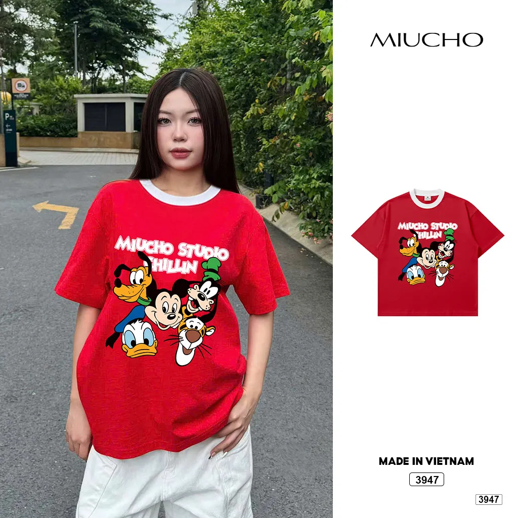 Áo thun nữ form boxy phối cổ mix màu hoạt hình đáng yêu Miucho 3965