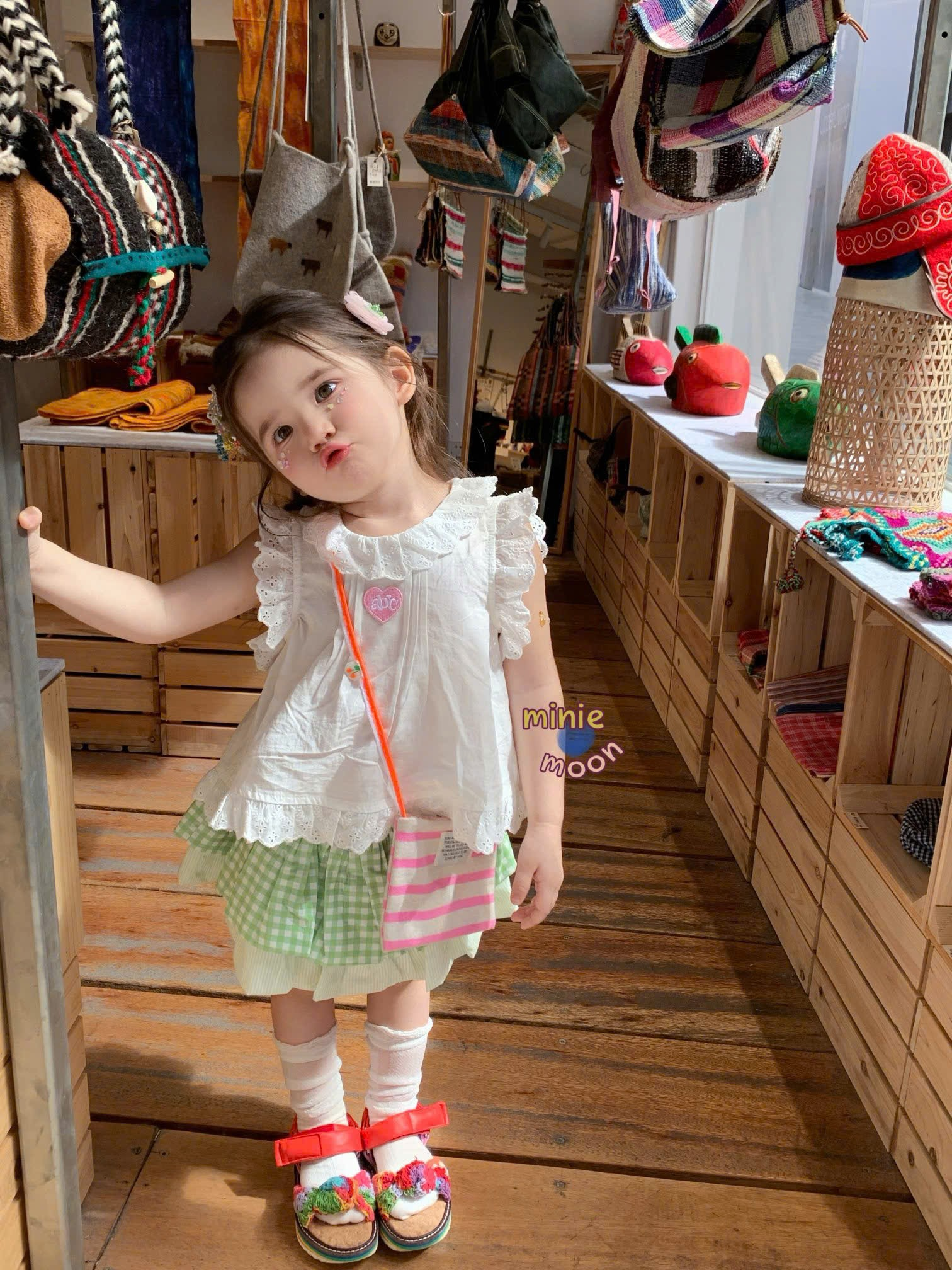 MM13 - Chân váy thô xoè tầng caro xanh viền bèo hãng Miniemoon