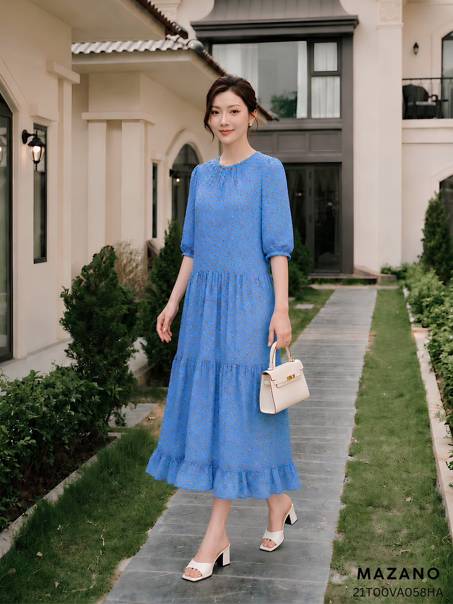 Đầm xanh suông tay lỡ bèo tầng cách điệu_thumbnail_1
