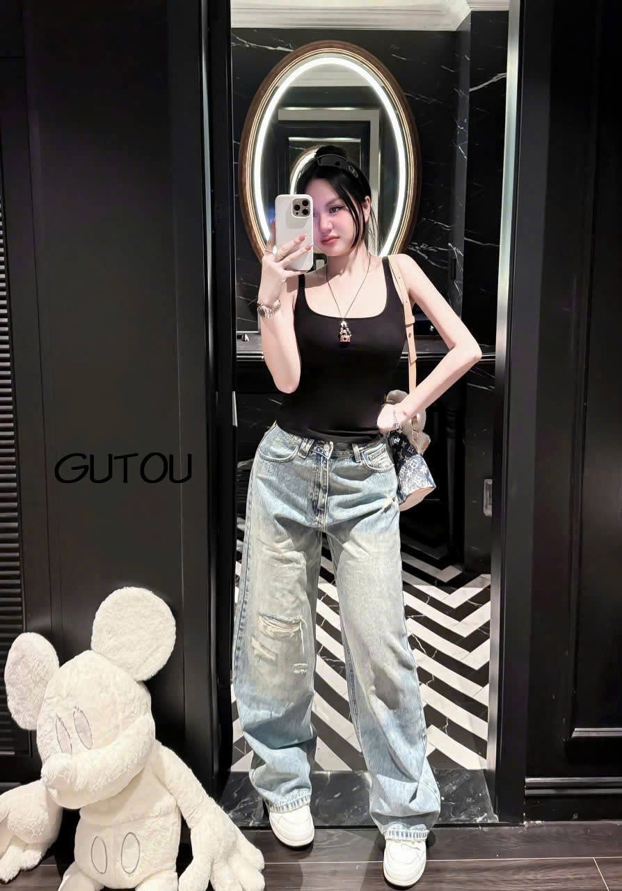 [ GUTOU ] Quần Jean Suông Wash Nhẹ Rách Gối_thumbnail_1
