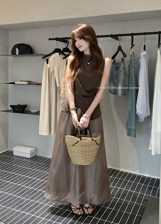 Set áo zile vạt đan + chân váy tơ dáng xòe dài YJIA_thumbnail_5