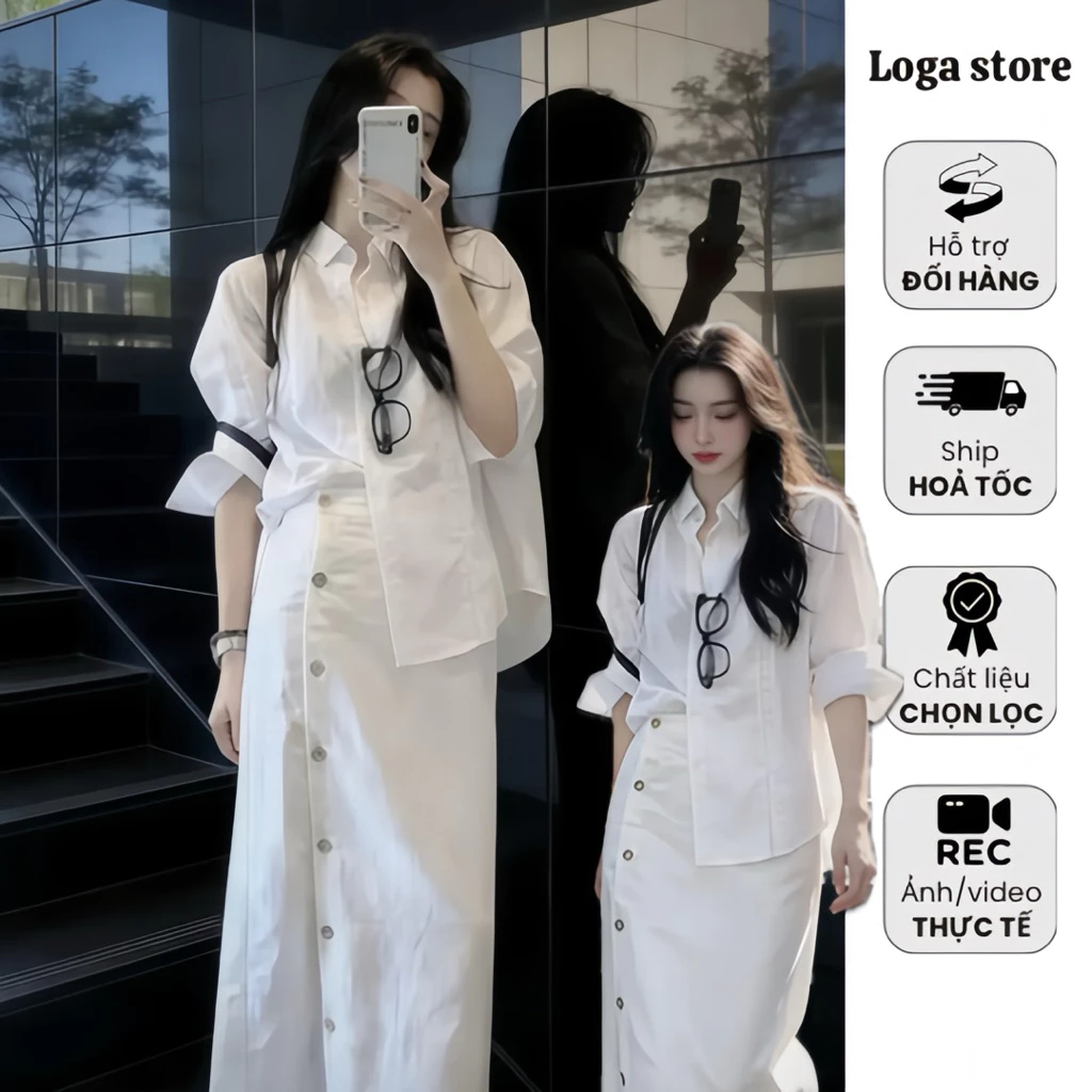 Set áo sơ mi trắng phối chân váy dài form suông, Set đồ nữ công sở thanh lịch phong cách Hàn Quốc Logastore_L102