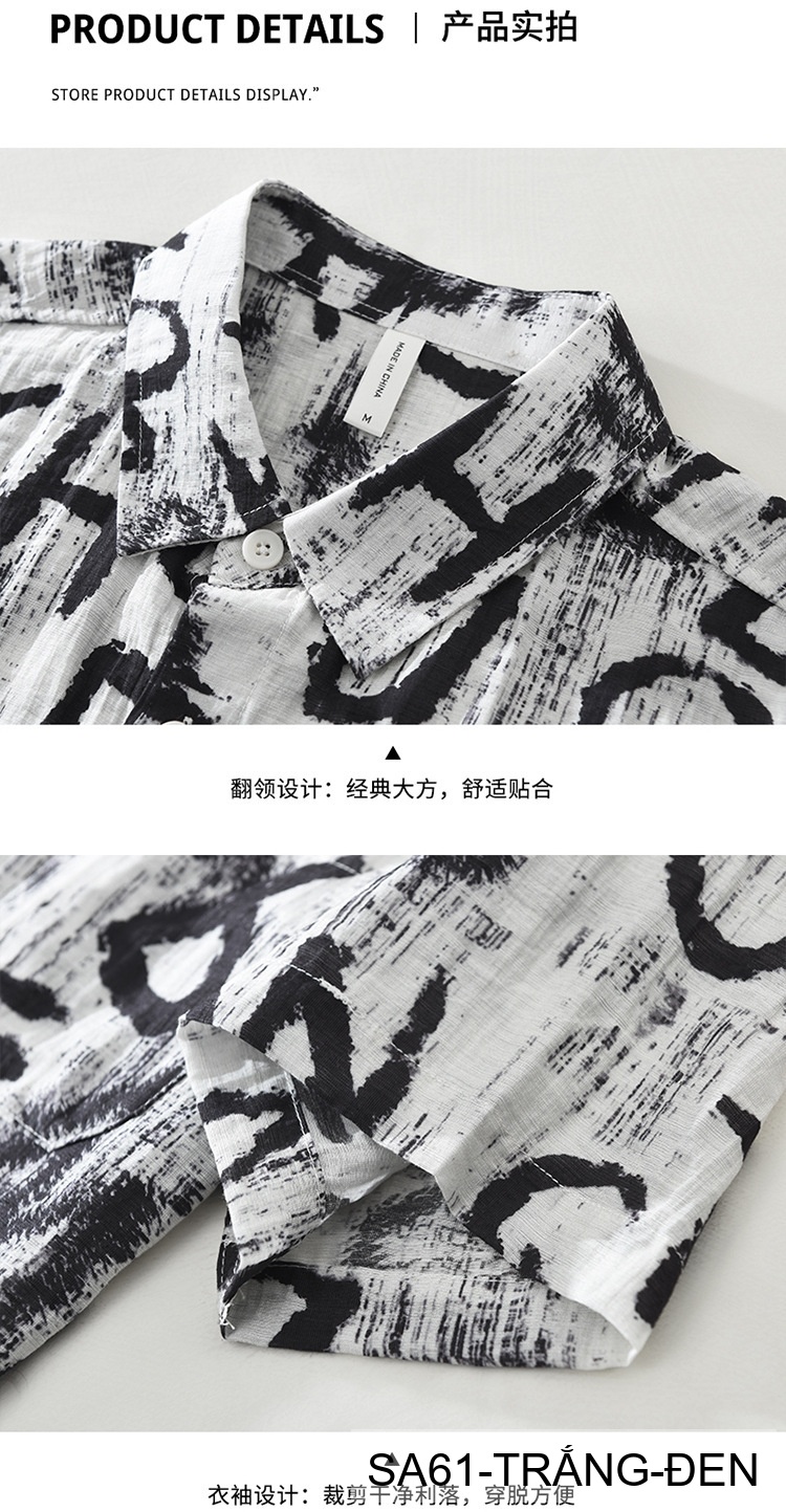 SA61 - Áo sơ mi nam tay ngắn in chữ nghệ thuật, form rộng, chất viscose mát mẻ, phối màu trắng đen_thumbnail_9