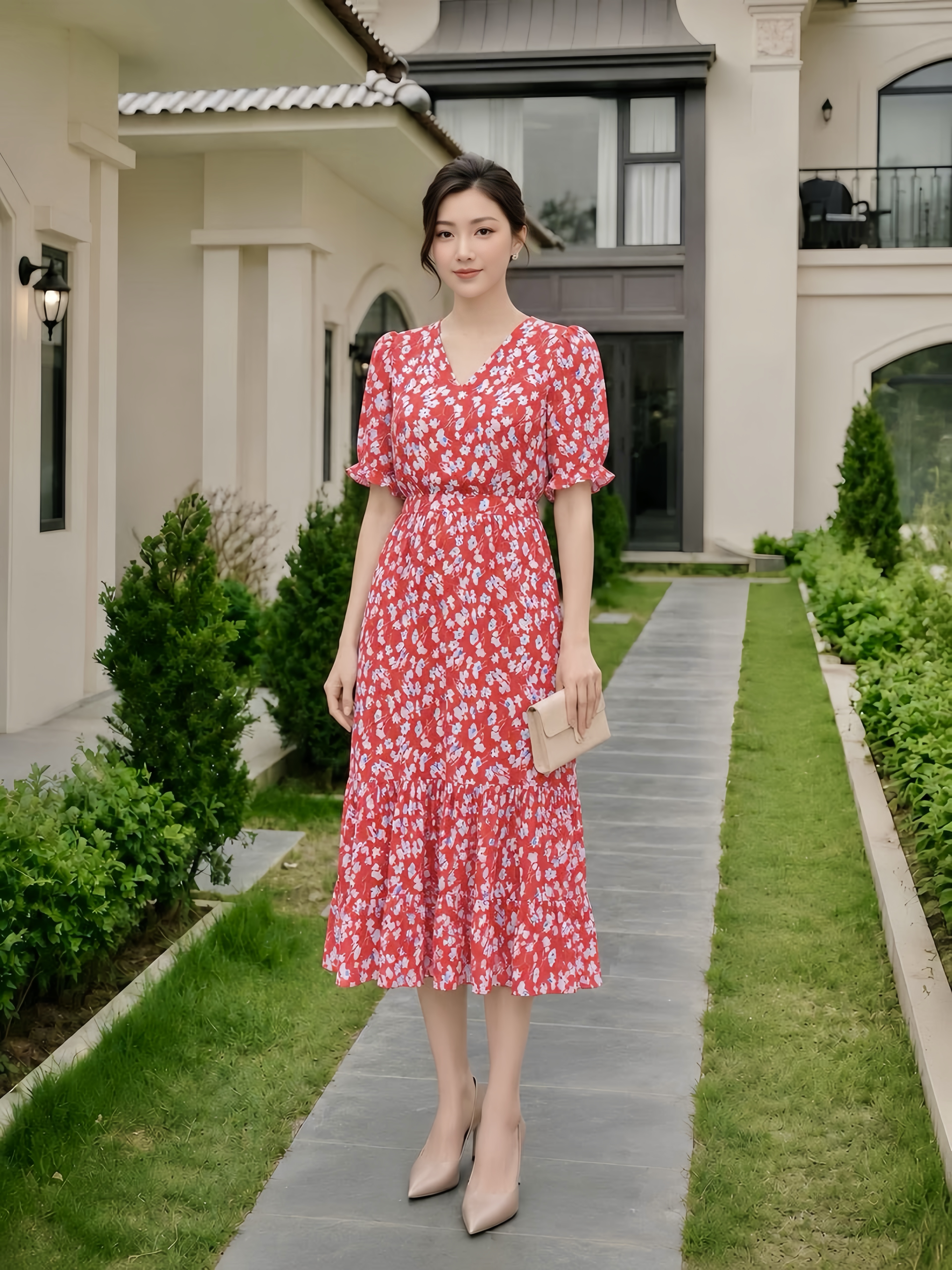 Đầm hồng họa tiết can eo bèo tầng_thumbnail_0