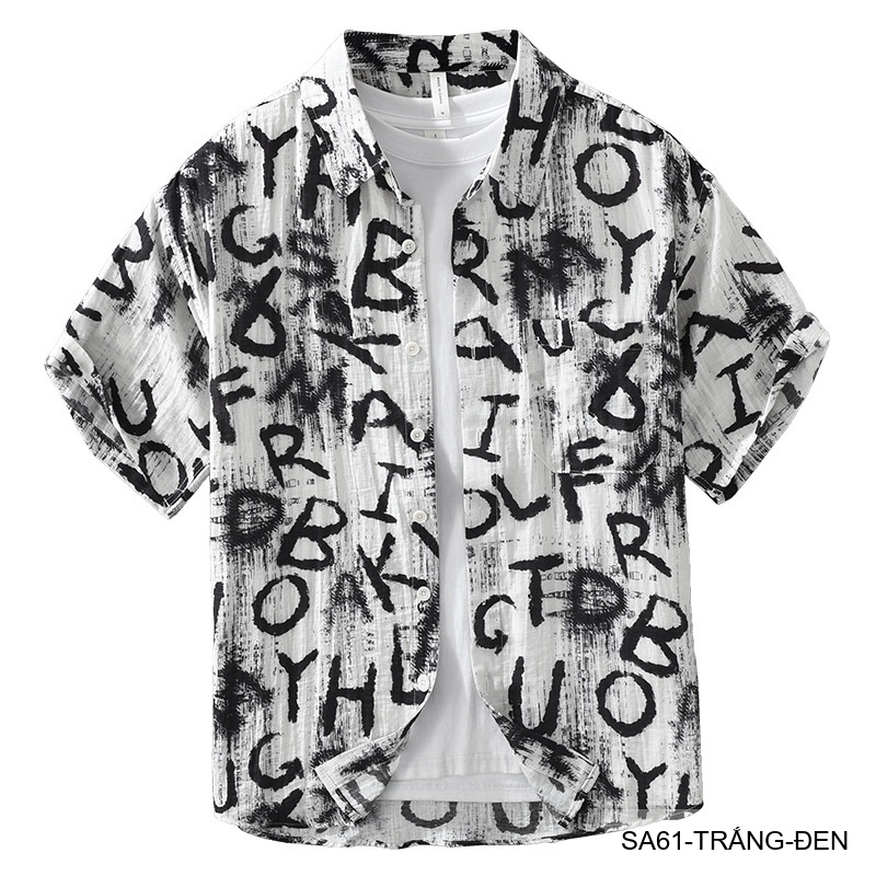 SA61 - Áo sơ mi nam tay ngắn in chữ nghệ thuật, form rộng, chất viscose mát mẻ, phối màu trắng đen_thumbnail_6