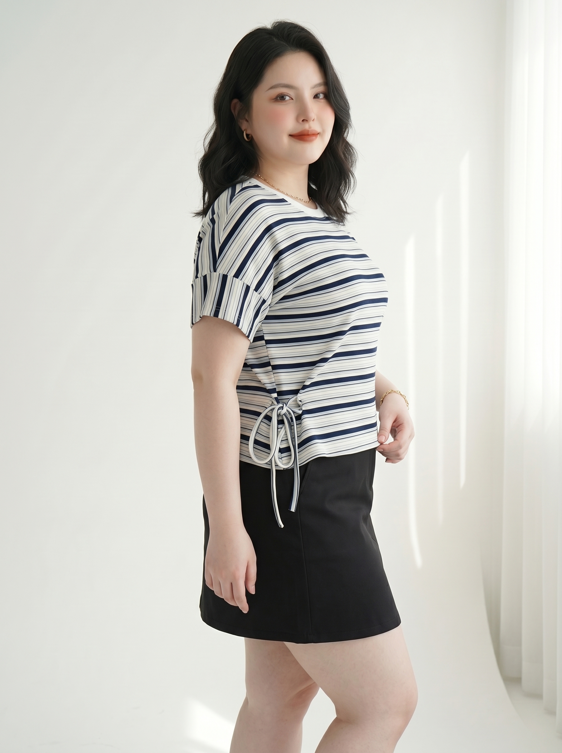 Áo Thun Cột Eo Sọc Bigsize Form Rộng Cánh Dơi Co Giãn Tốt - Xanh Trắng - Vừa 55-90kg - V-AK123_thumbnail_2