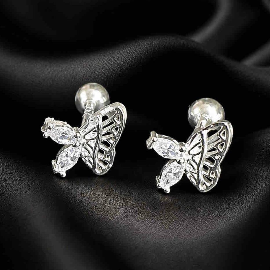 Khuyên kiểu bạc xi kim bướm nửa cánh lưới đá trắng (tai trái)