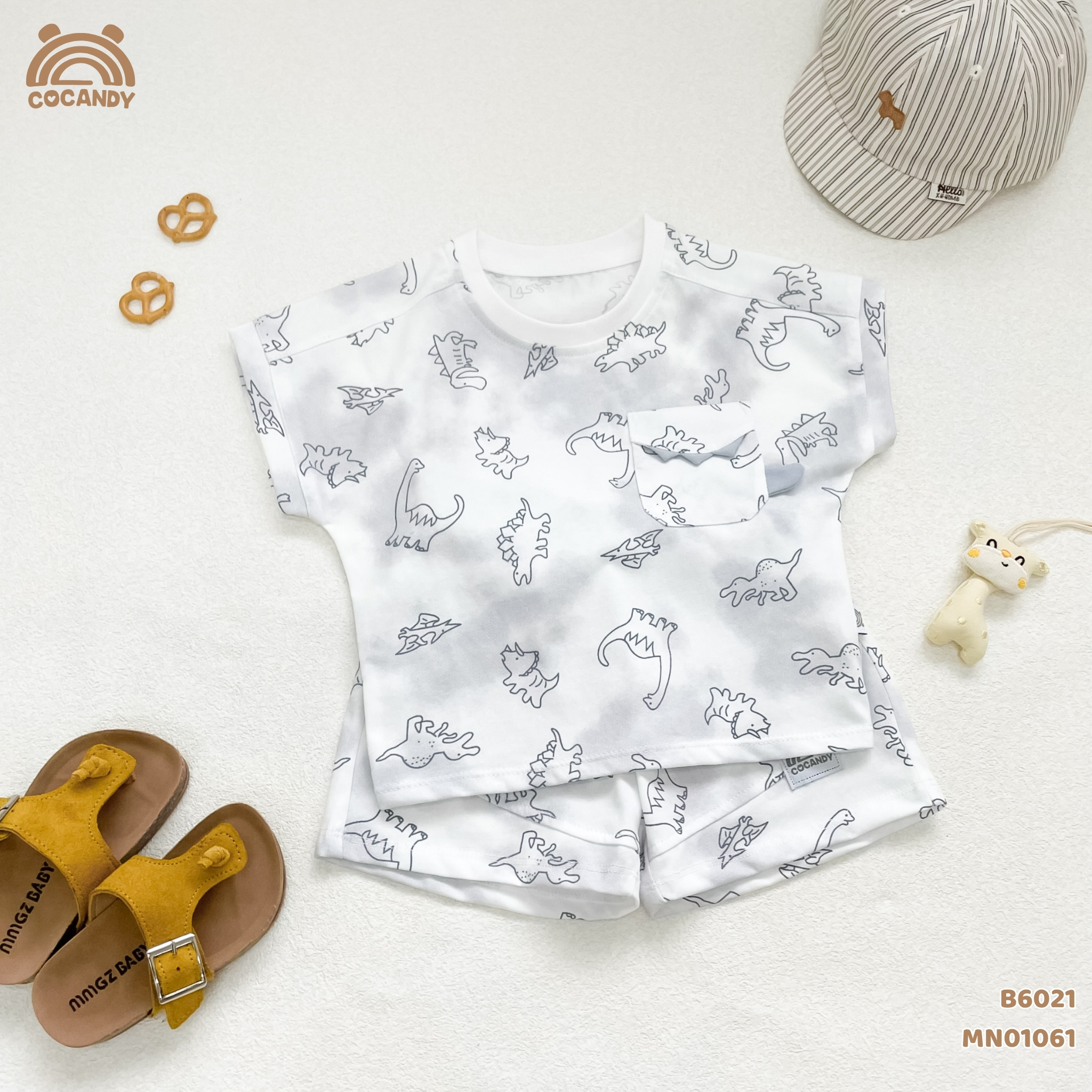 Bộ cộc cotton GHI hình khủng long túi ngực