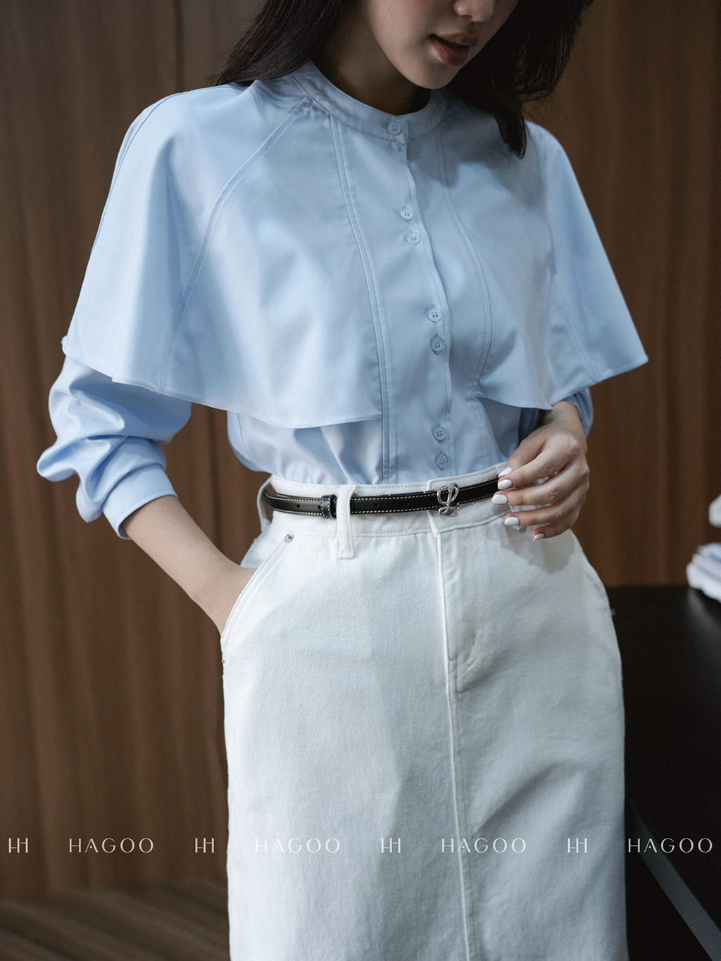 HAGOO A-line denim skirt with slanted hem