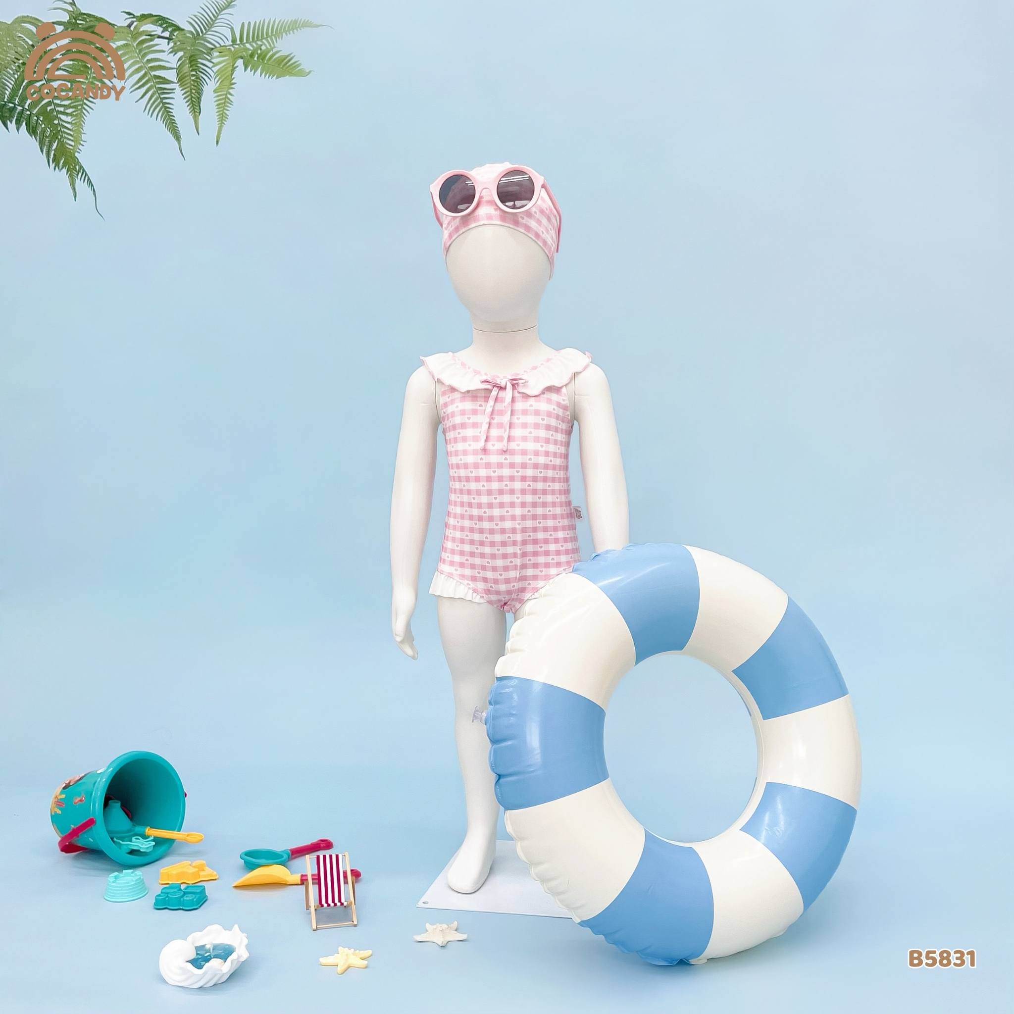 Bộ bơi caro HỒNG phối ren trắng_thumbnail_4