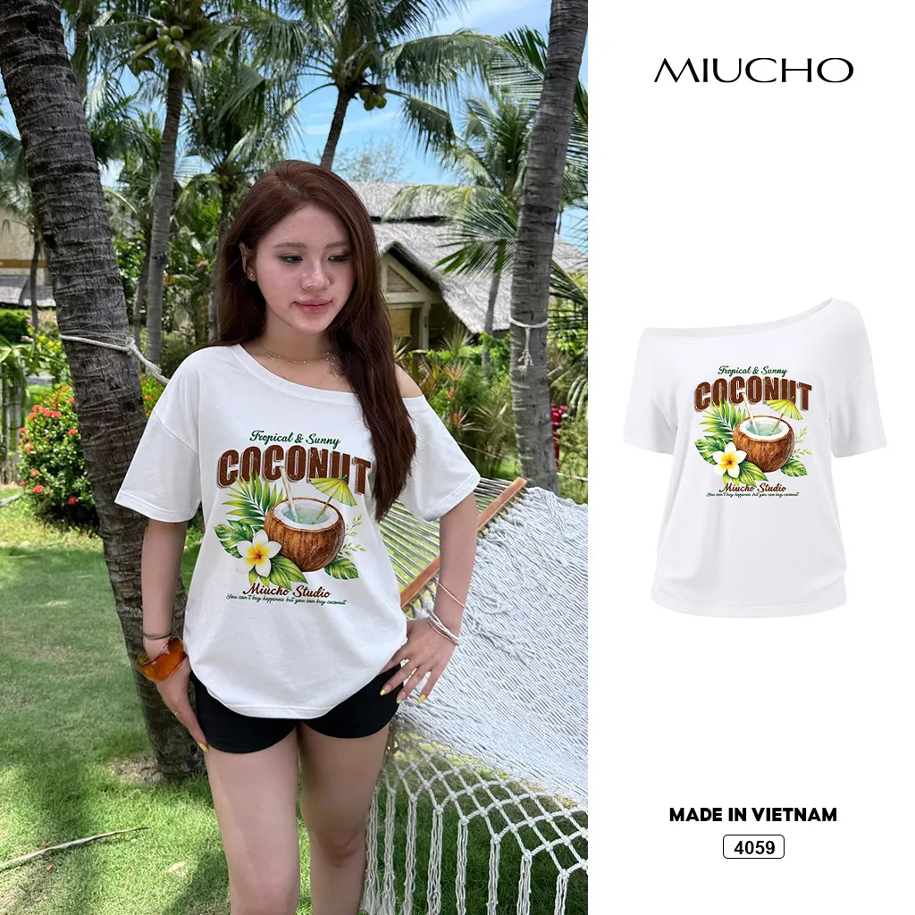 Áo thun lệch vai nữ form rộng Tropical vibe Miucho 4059