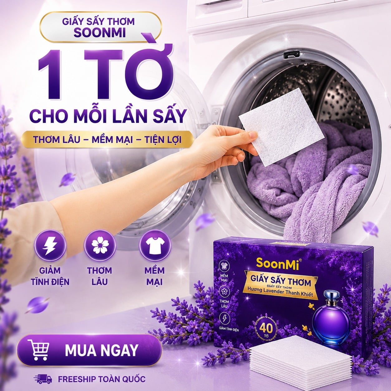 Giấy Thơm Quần Áo SoonMi Hương Lavender - chuyên dụng máy giặt sấy, máy sấy quần áo, khử mùi xe hơi, thơm tủ áo_thumbnail_6