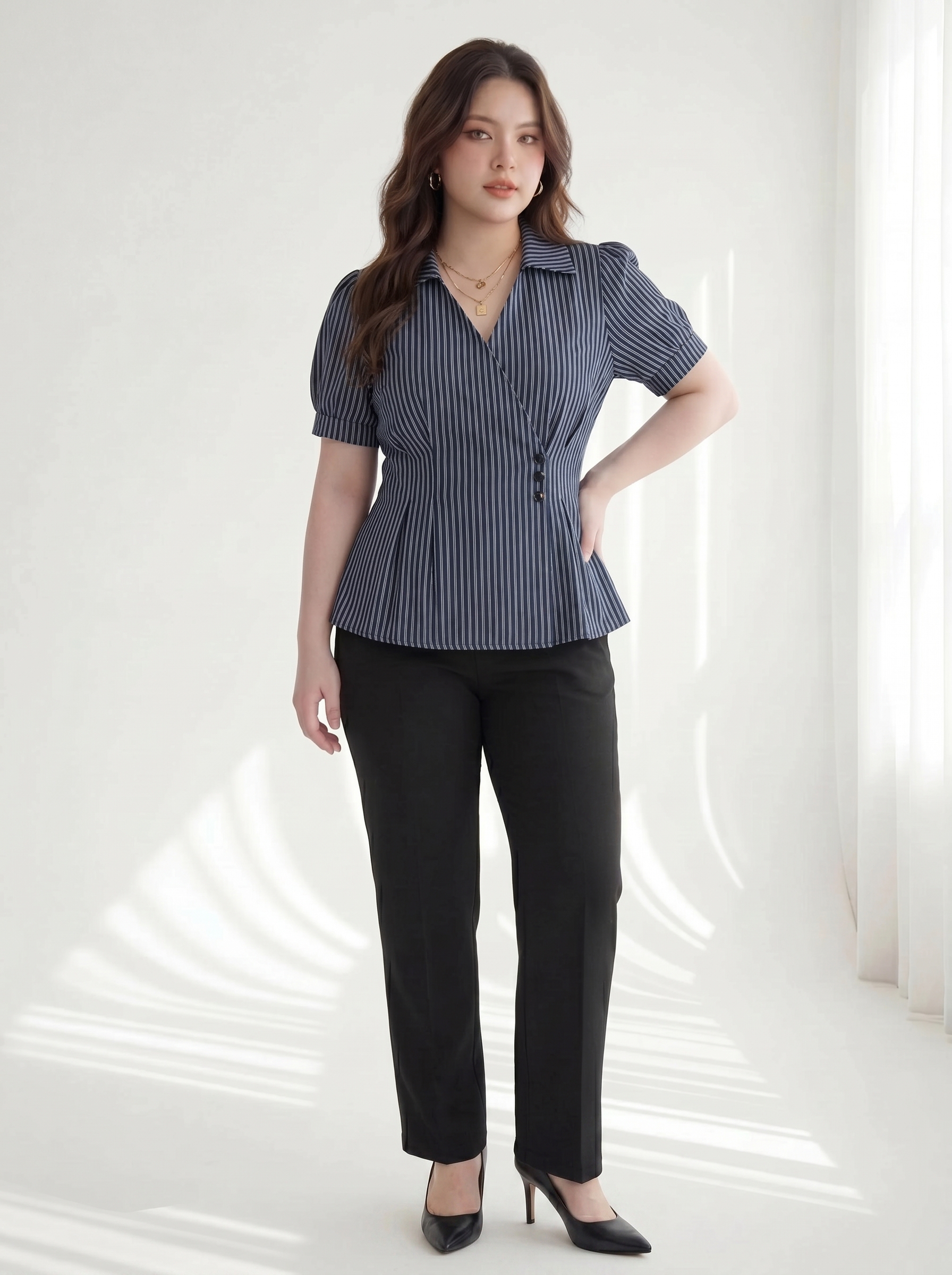 BIGSIZE NỮ - Áo sơ mi  tay phồng phối nút dành cho nàng béo 55-90kg V-AK110