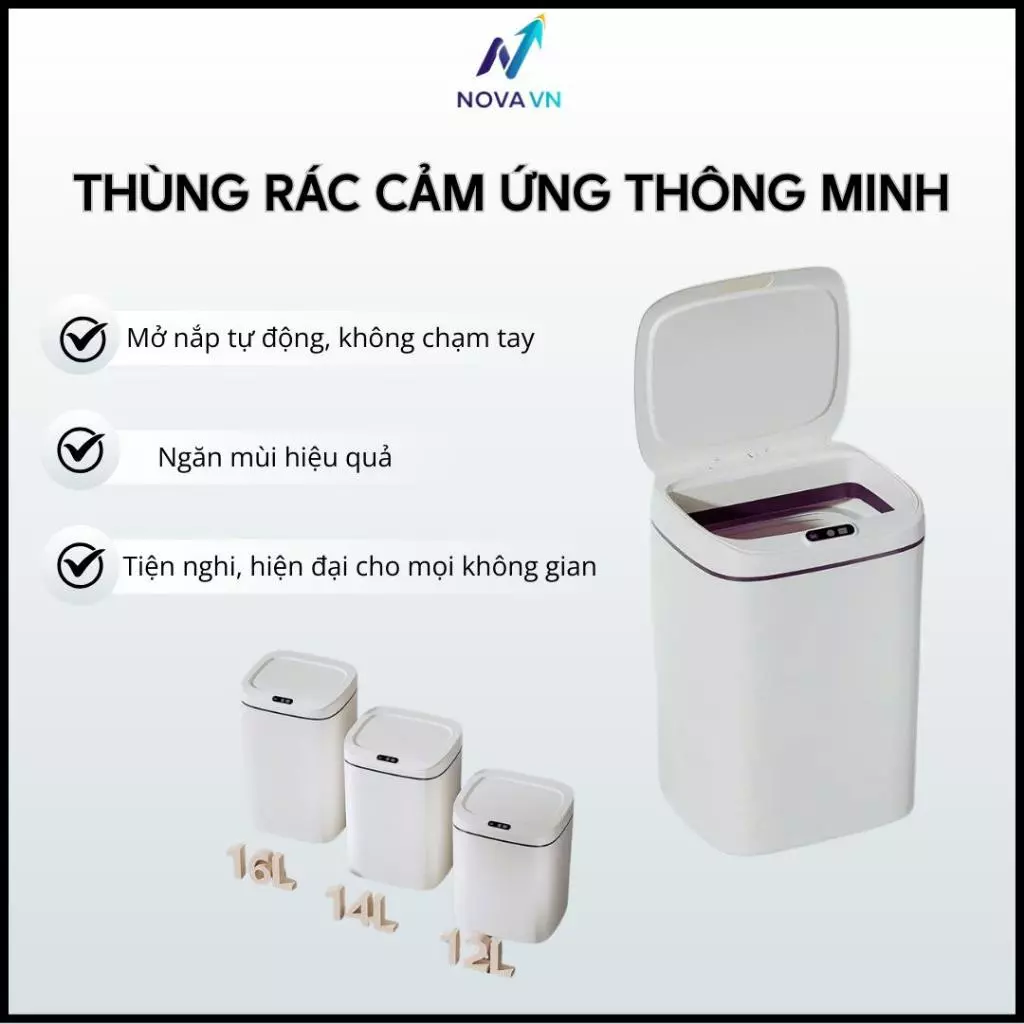 Thùng rác cảm biến thông minh 12/14/16L – nắp tự động, chống mùi, chống nước