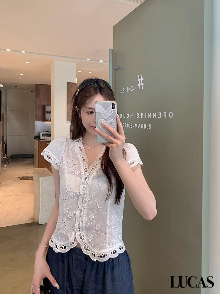 Áo sơ mi thô thêu phối viền ren lỗ cộc tay thêu hoa_thumbnail_4