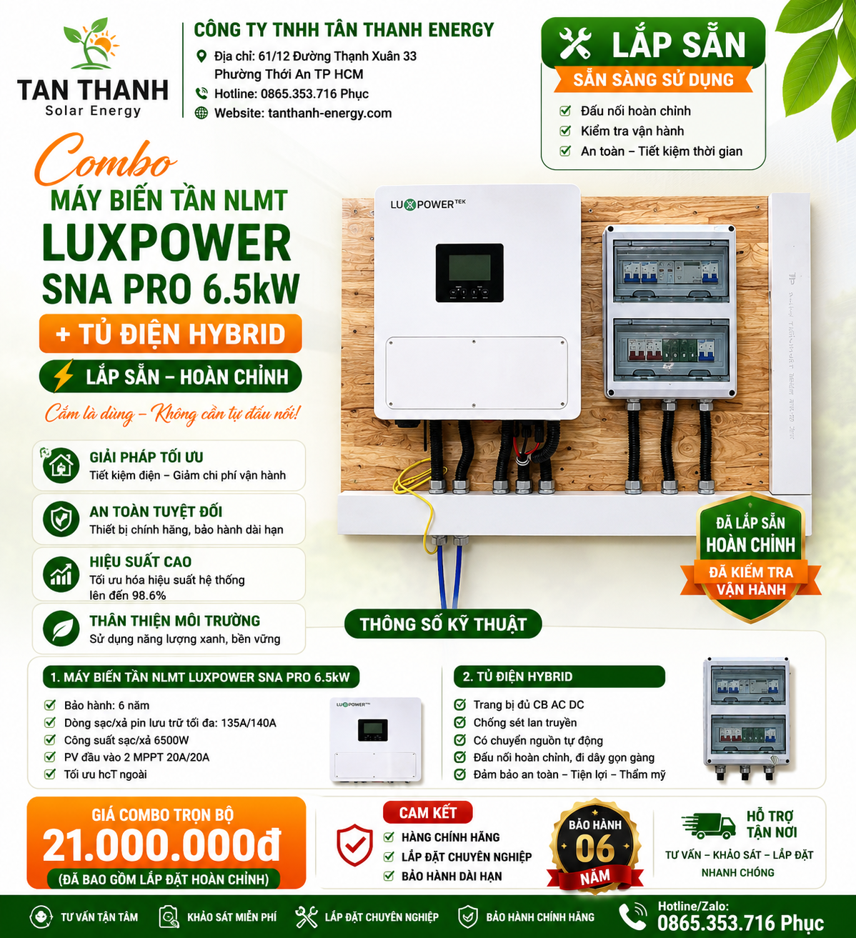 COMBO MÁY BIẾN TẦN NLMT SNA PRO 6.5kW + TỦ ĐIỆN HYBRID LẮP SẴN