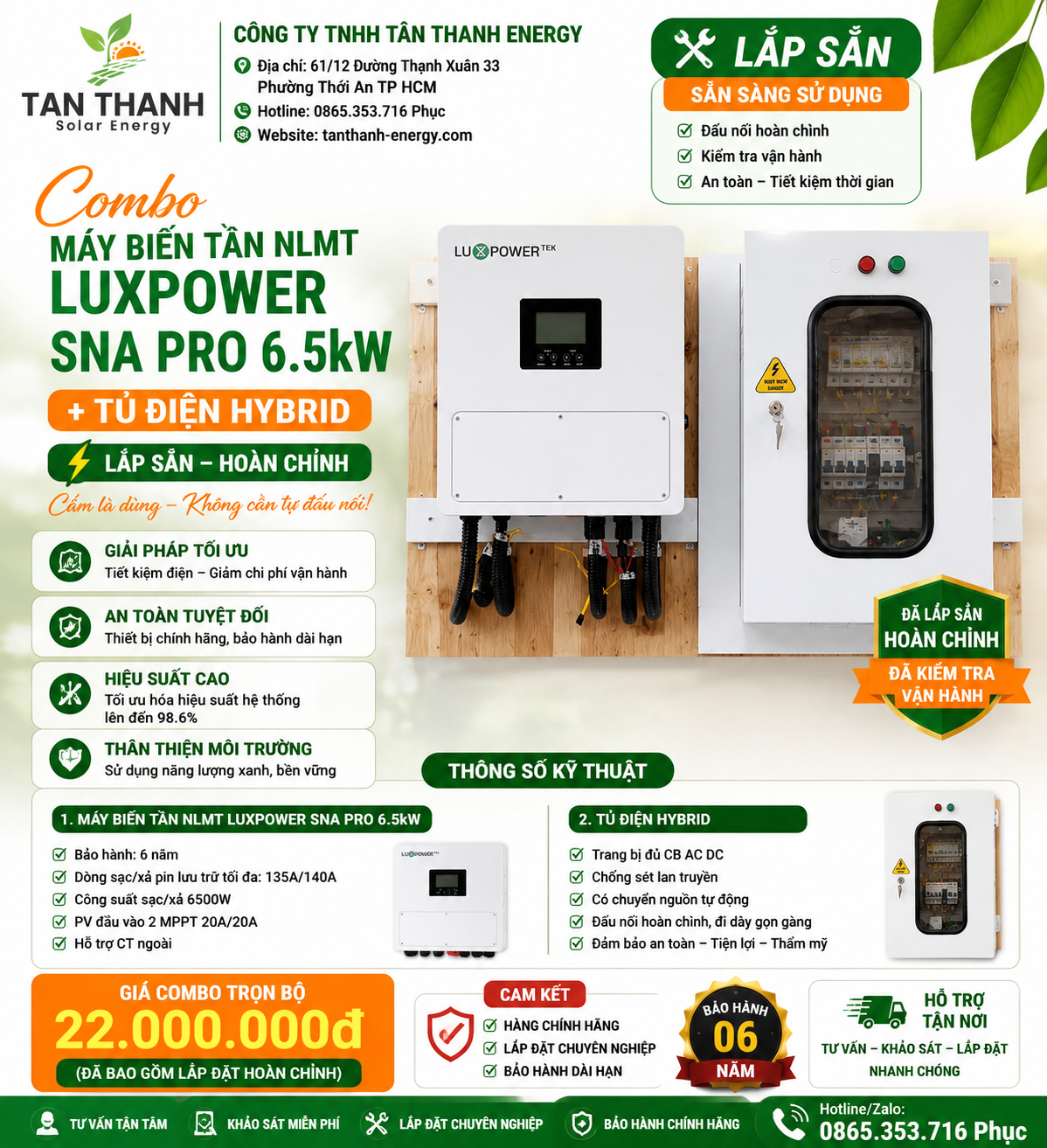 COMBO MÁY BIẾN TẦN NLMT SNA PRO 6.5kW + TỦ ĐIỆN HYBRID LẮP SẴN