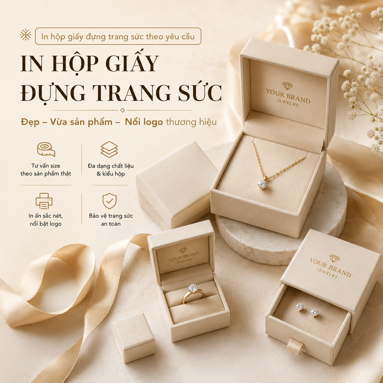 In Hộp Giấy Đựng Trang Sức Đẹp, Nổi Logo Thương Hiệu