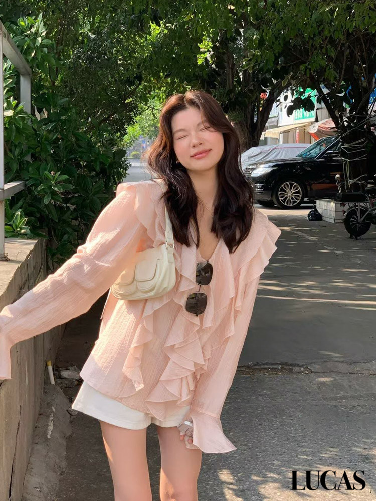 Áo sơ mi voan tơ cổ tim phối bèo lớn dọc áo cổ tay loe_thumbnail_8