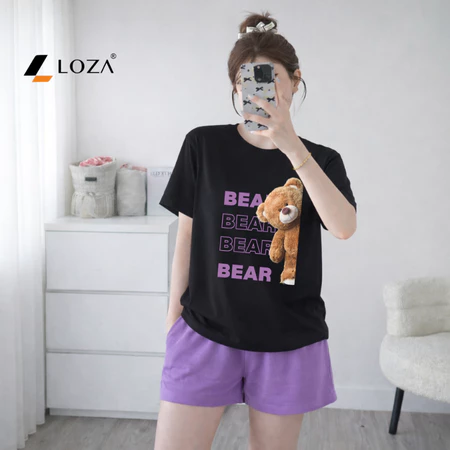 Set đồ nữ LOZA hình gấu Bear - Đồ bộ nữ mùa hè gồm áo thun dáng rộng + quần đùi cotton - BP17_thumbnail_1