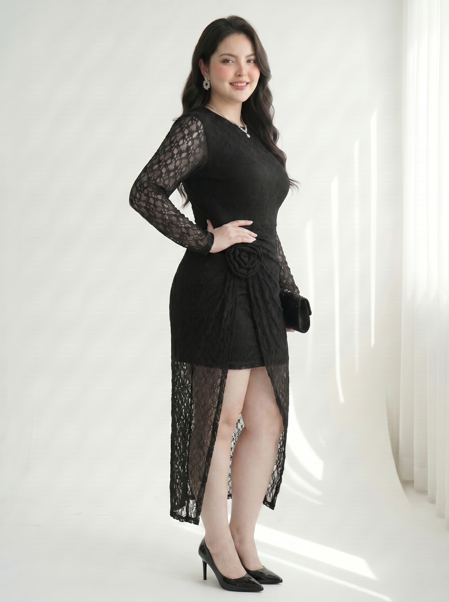 Đầm Dáng Dài Ren Phối Hoa Bigsize Tà Xéo Tạo Kiểu Có Lót Quần, Ren Co Giãn - Vừa 55-90kg - V-DA226_thumbnail_2