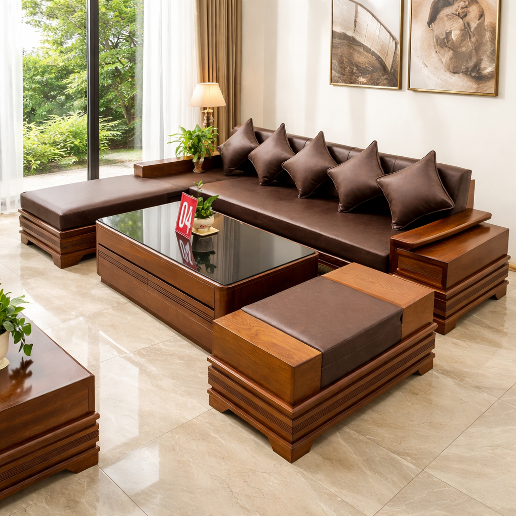 Sofa góc Chữ L chân pháo vế phải màu nâu đỏ cao cấp