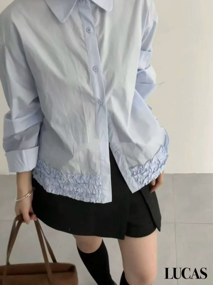 Áo sơ mi cài cúc cỏ bẻ ve tròn viền xếp 3 hàng viền gấu dài tay_thumbnail_4