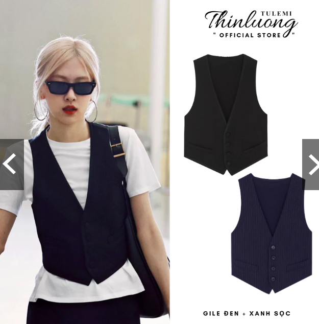 Áo gile croptop áo khoác vest màu xanh sọc kẻ và đen