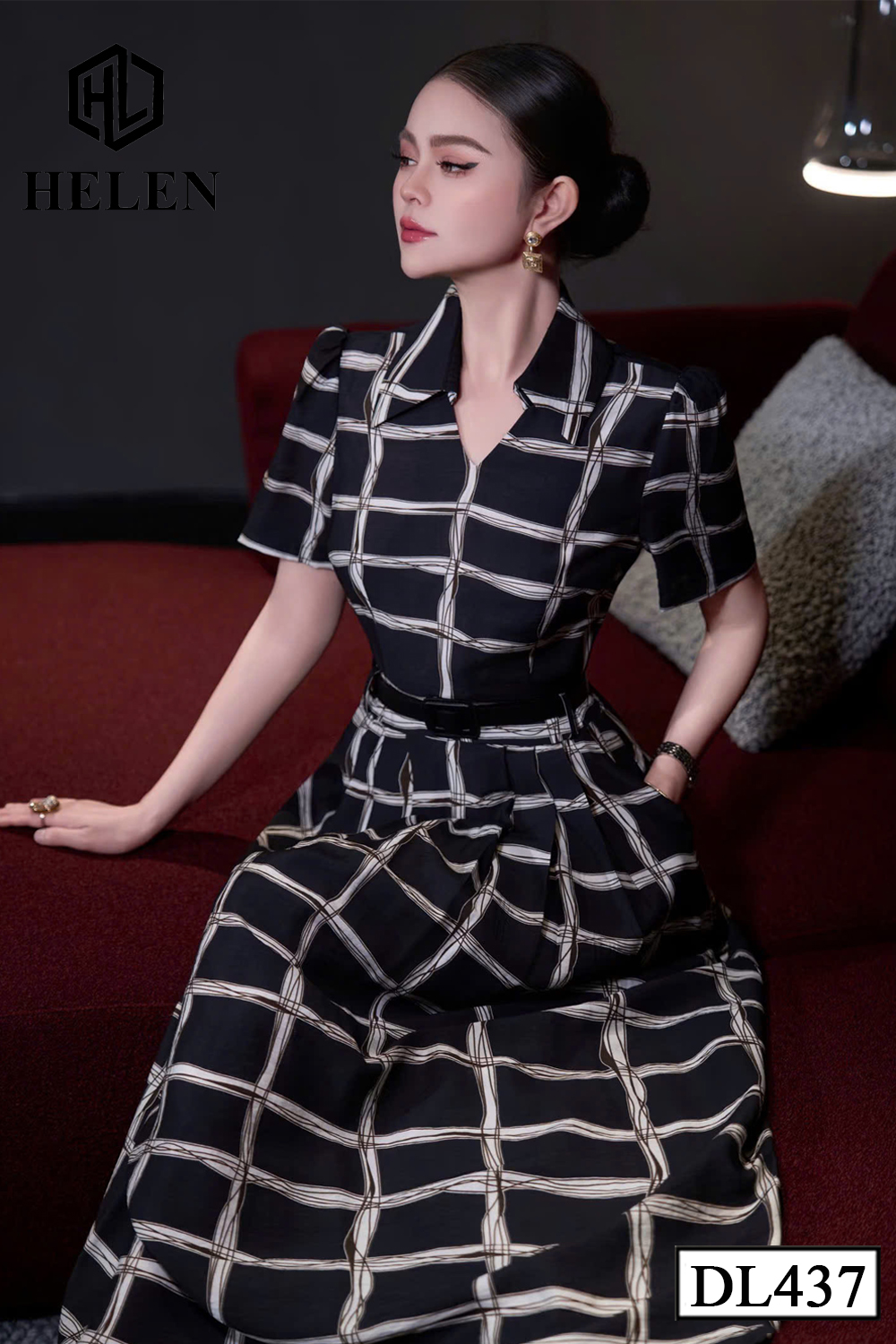 Đầm xòe họa tiết đen kẻ trắng + kèm đai DL437