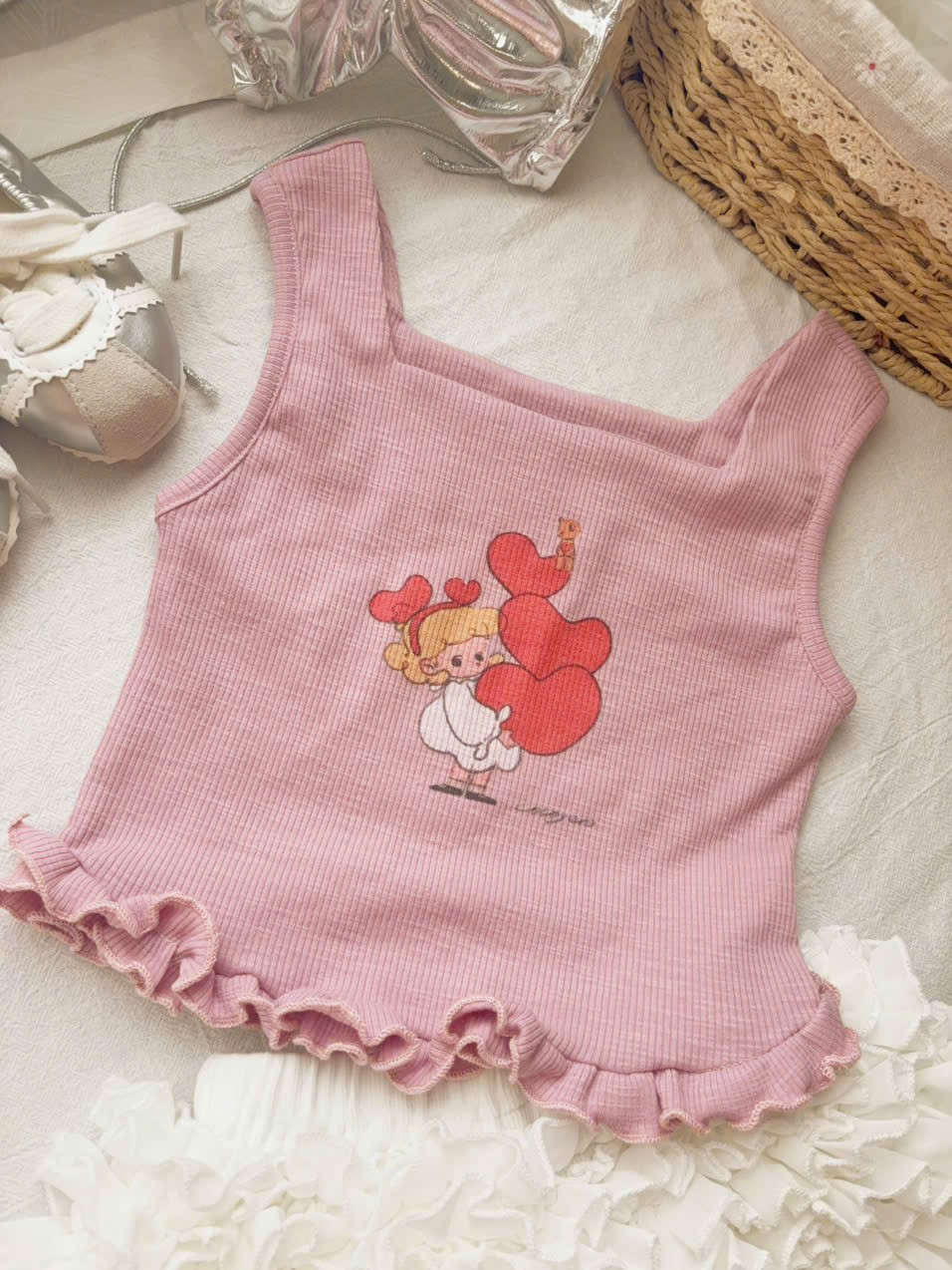 HY33- Áo 3 lỗ màu hồng hoạ tiết bé gái Huayou