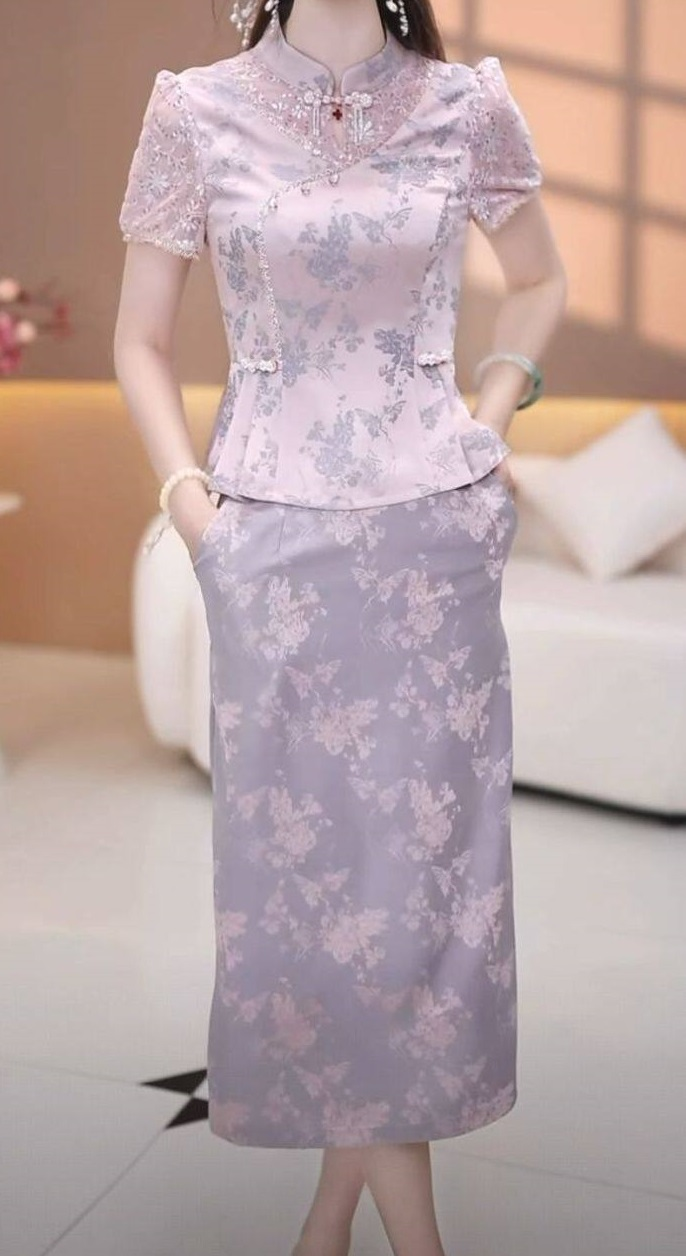 18366-Set áo chân váy lụa vân gấm tím (lụa,lót)