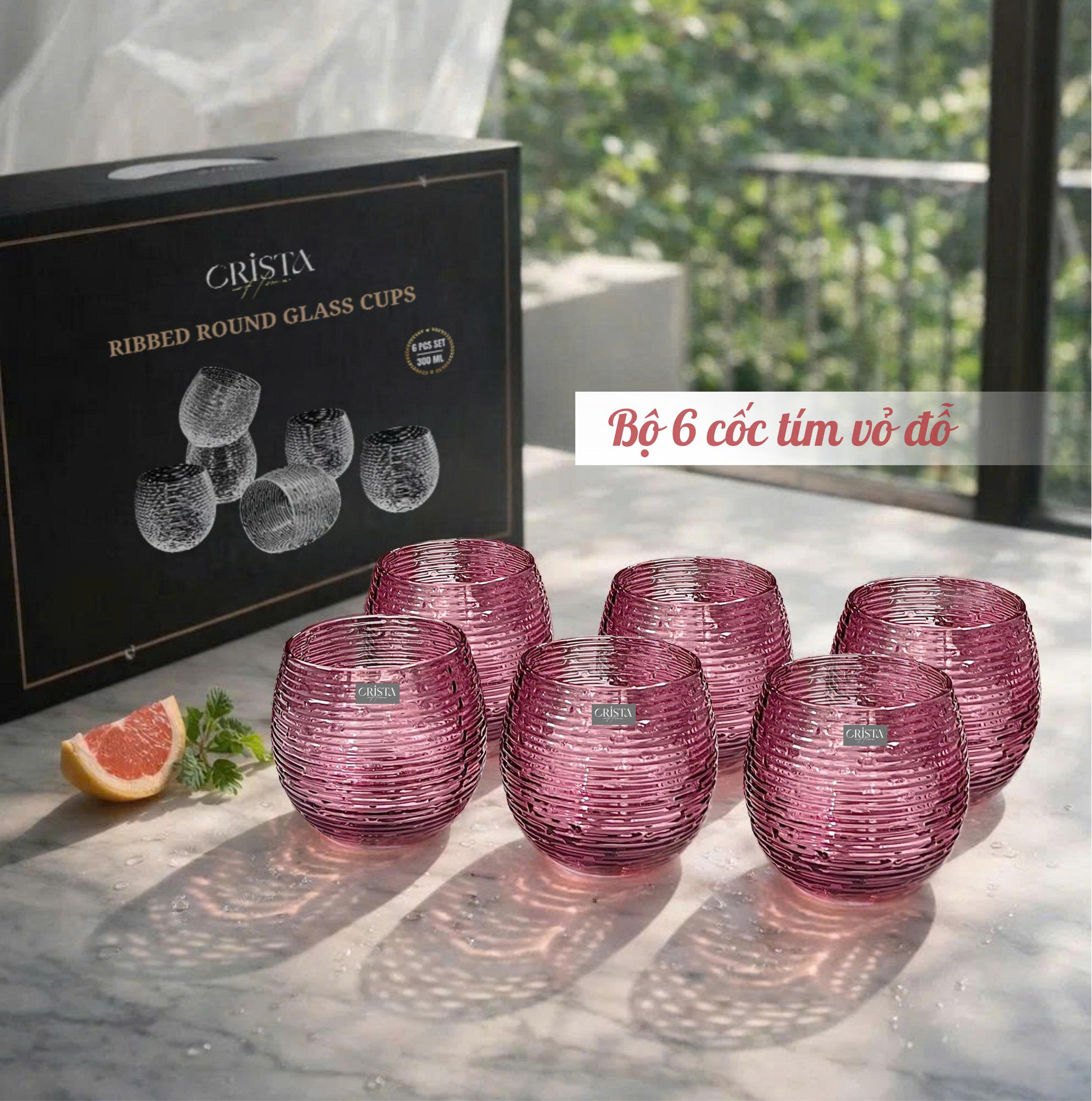 Set 6 cốc thủy tinh dáng bầu vân ngang 300ml Crista Home 60254_thumbnail_7