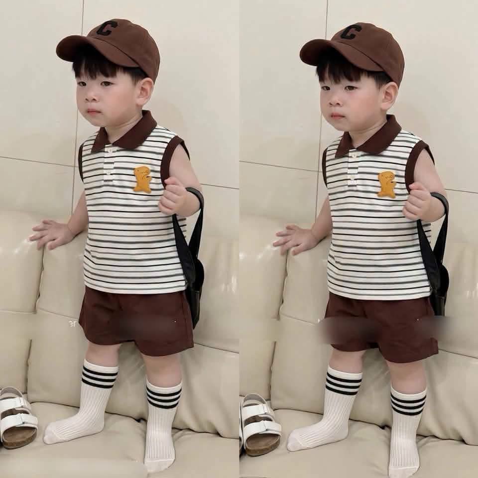 Set bộ polo sát nách kẻ nâu gấu kèm mũ