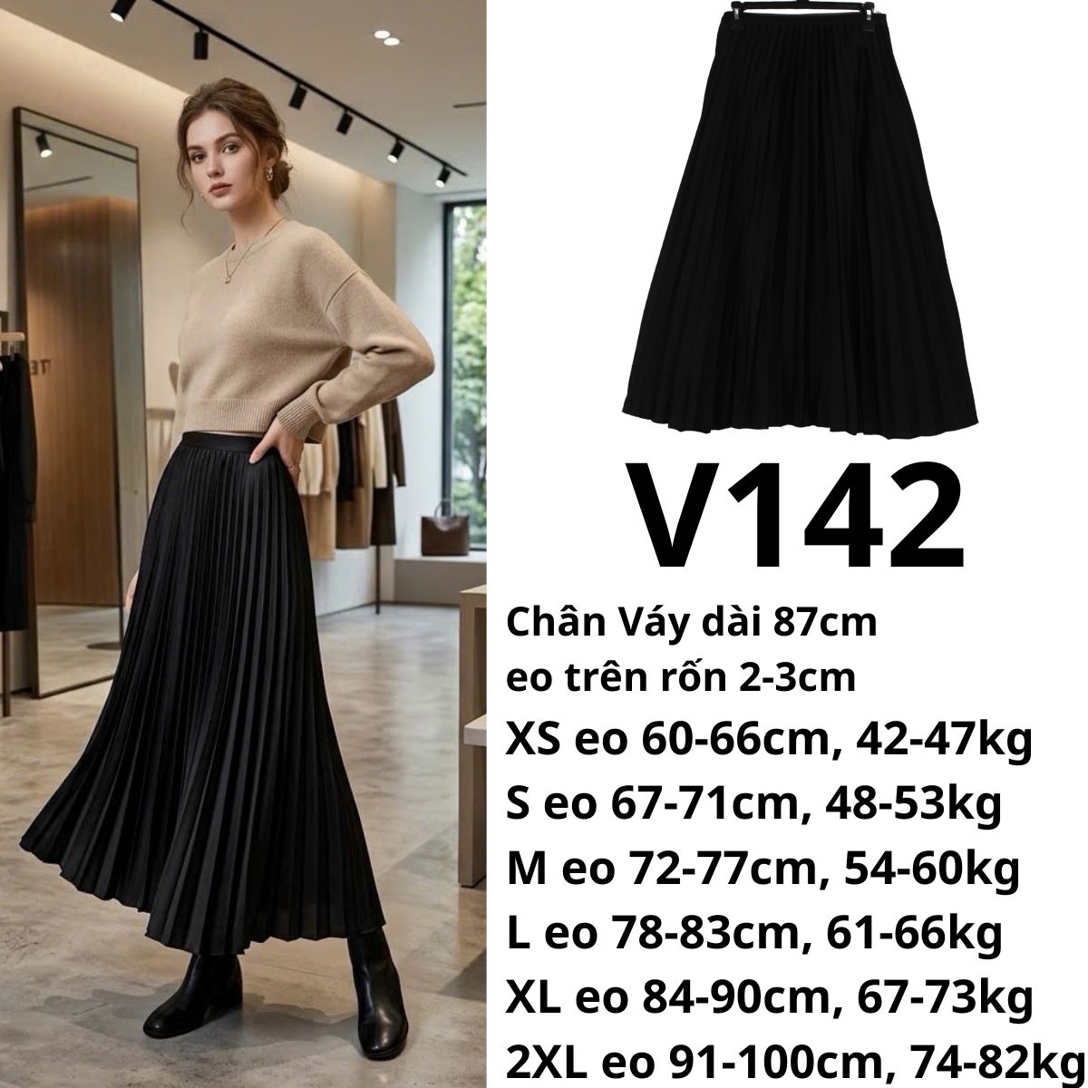V142- Chân váy xếp ly