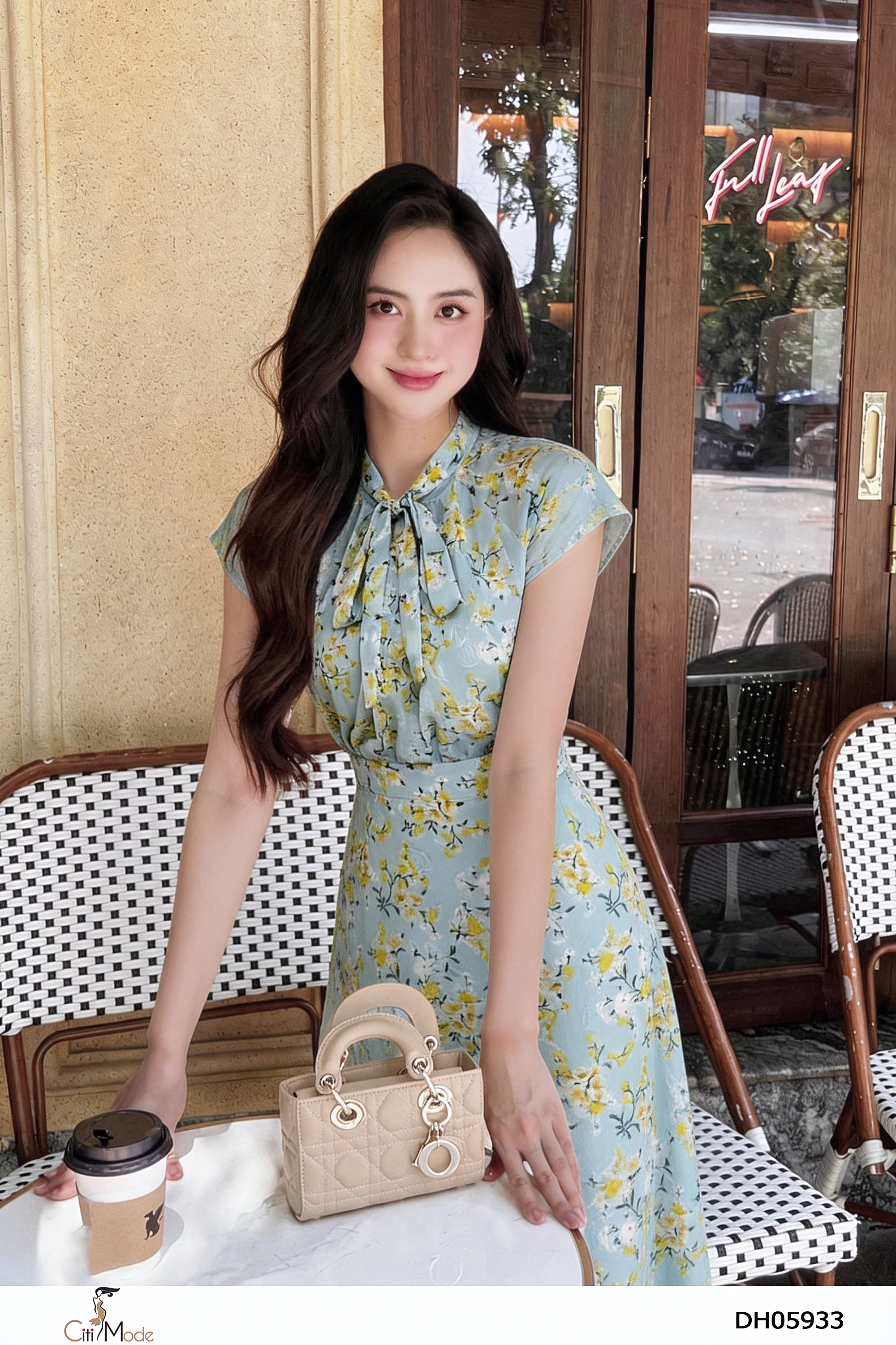 Đầm xòe hoa xanh 3D cổ thắt nơ tay cách điệu_thumbnail_4