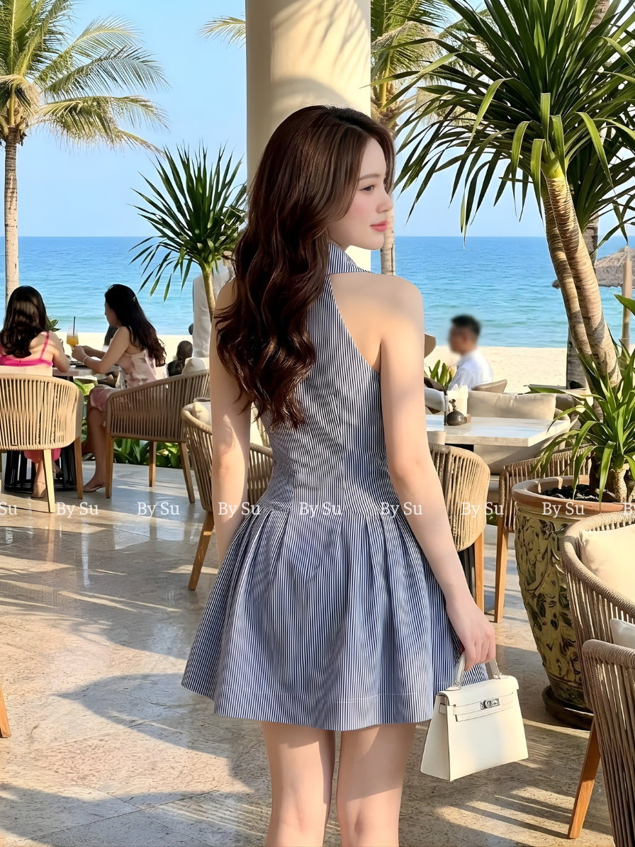 S21 - Đầm Kẻ Cổ Vest Thanh Lịch