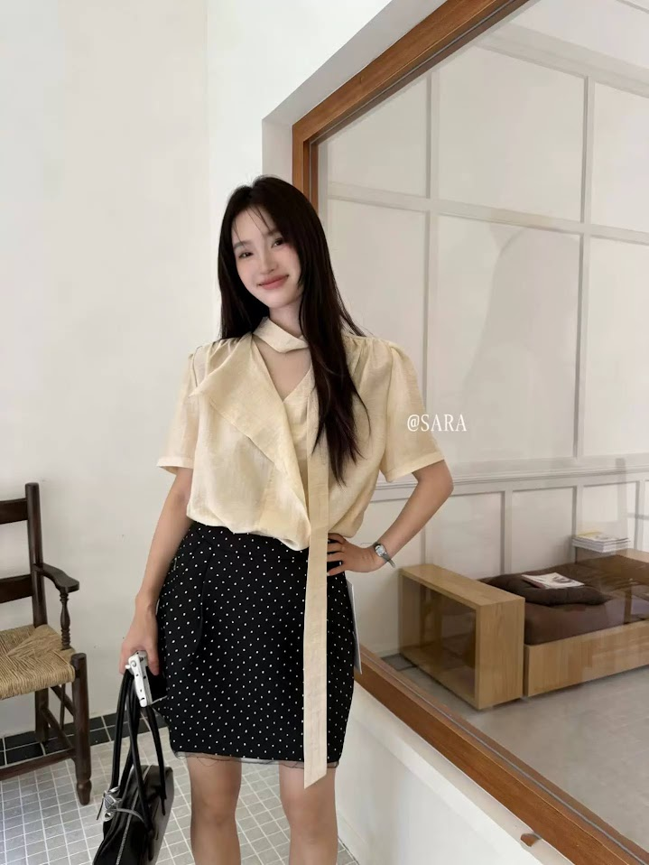 Lucas - Áo sơ mi cộc tay vải voan tơ cổ tim + dây lụa_thumbnail_8